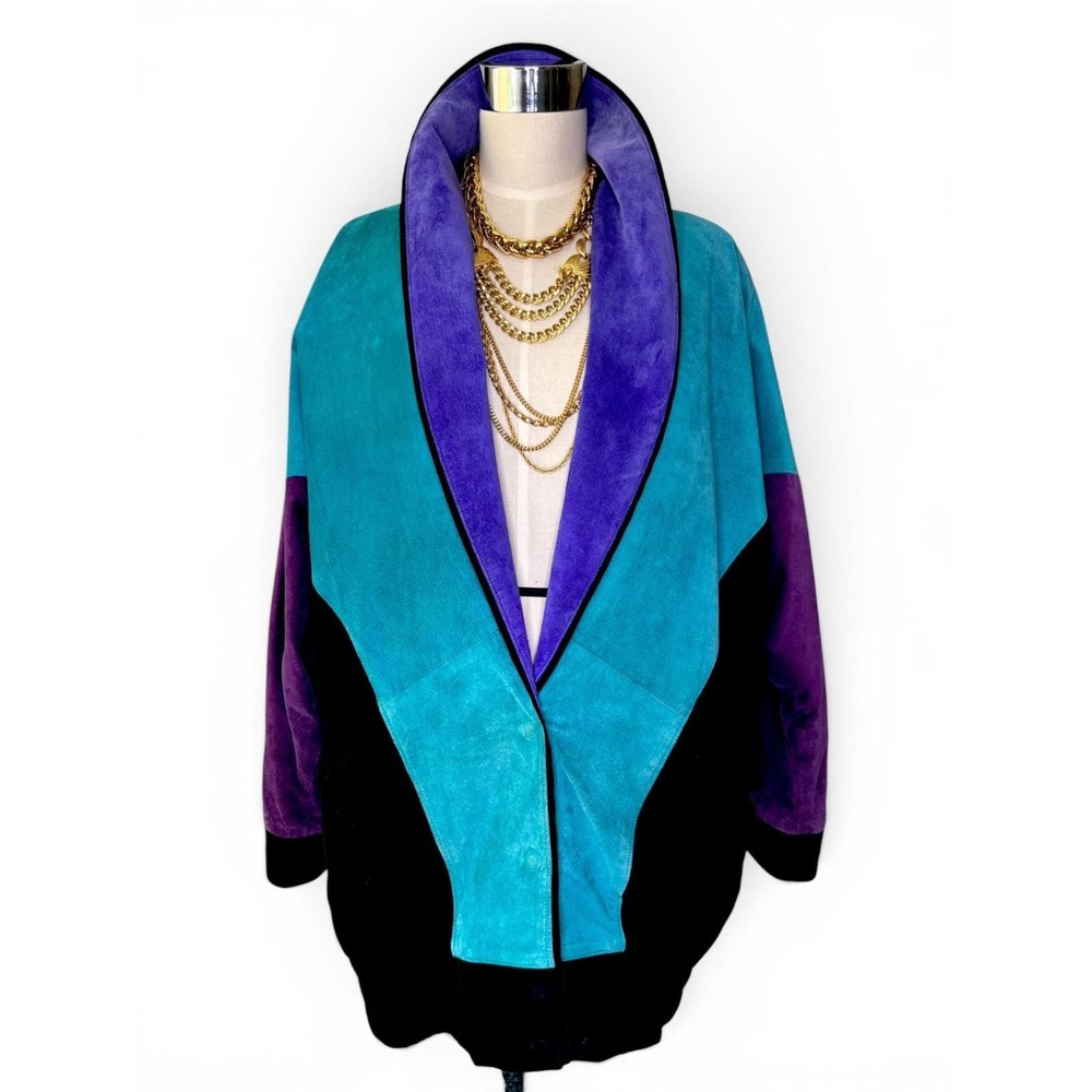Rare Vintage Mary Hoffman Black, Teal, Purple Suede Color Block Suede Jacket M - Picture 1 of 11